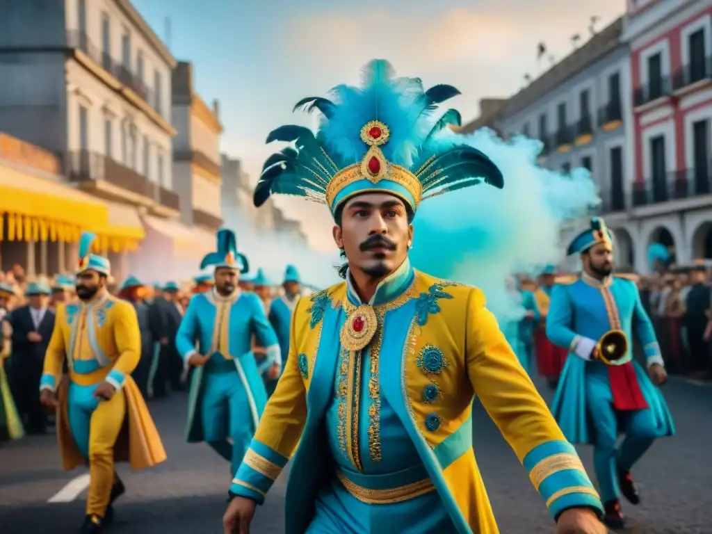 Desfile vibrante de Carnaval en Uruguay con bailarines y músicos, carros coloridos y arquitectura colonial al atardecer