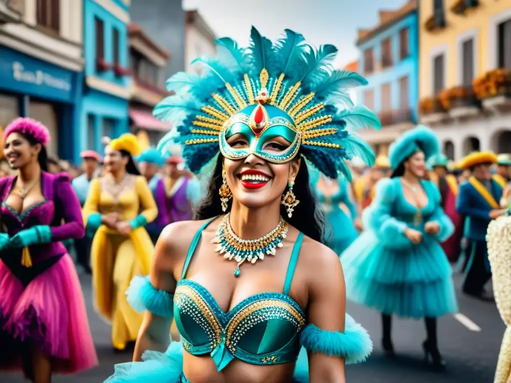 Desfile vibrante de Carnaval en Uruguay, con bailarines coloridos y música tradicional en una calle llena de confeti y espectadores animados