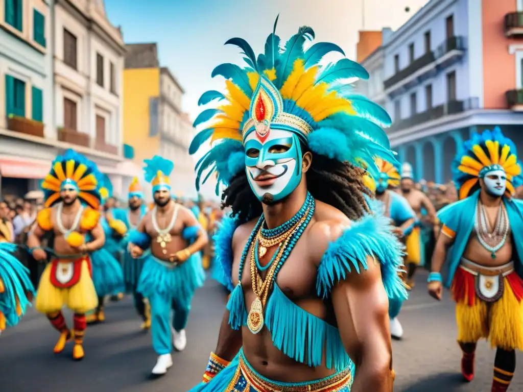 Un desfile vibrante de Carnaval en Uruguay con bailarines coloridos y trajes elaborados, música alegre y confeti en el aire