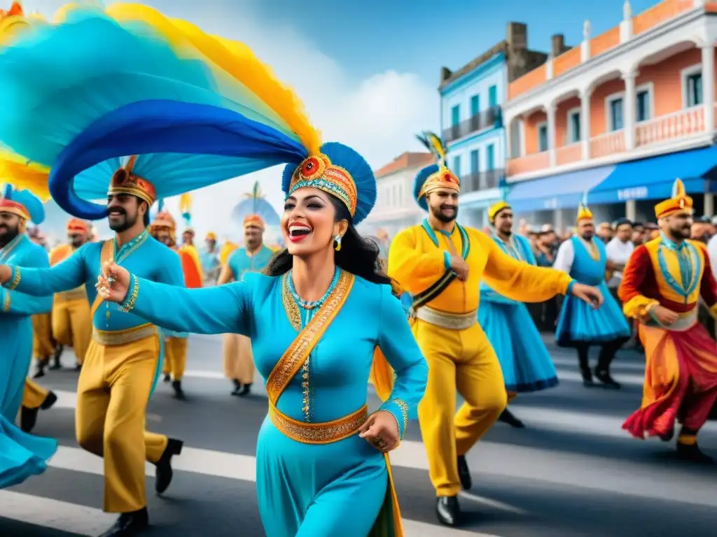 Desfile vibrante de Carnaval en Uruguay con bailarines y músicos, bajo un cielo azul