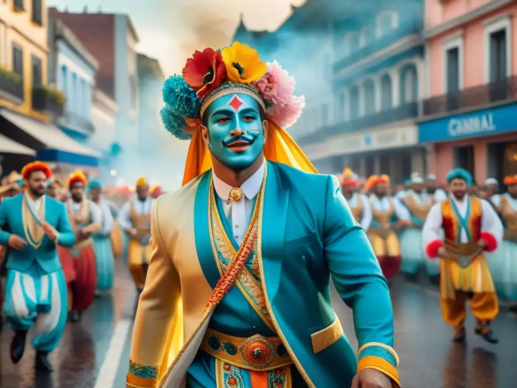 Desfile vibrante de Carnaval en Uruguay con bailarines y músicos, apoyo financiero al Carnaval Uruguayo