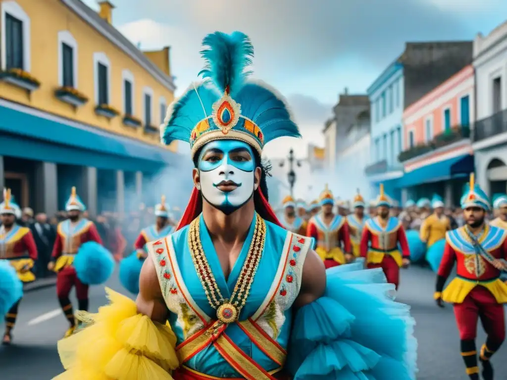 Desfile vibrante de Carnaval en Uruguay con bailarines y músicos, floats detallados y energía festiva