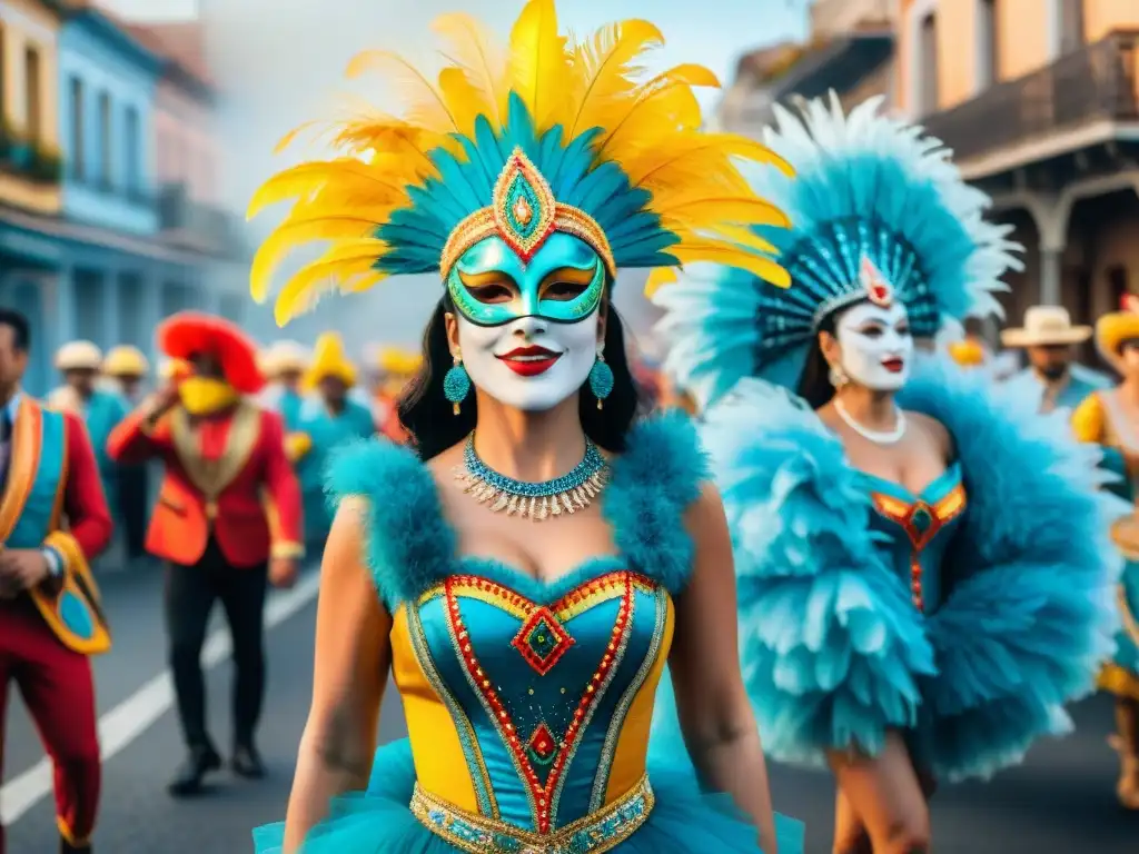 Desfile vibrante de Carnaval en Uruguay con bailarines y carrozas coloridas, espectadores alegres y máscaras tradicionales