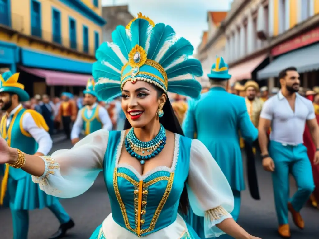 Desfile vibrante de carnaval en Uruguay, con bailarines y carrozas coloridas