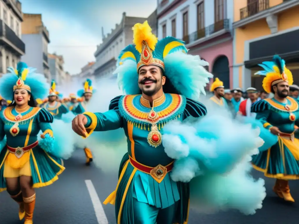 Desfile vibrante de Carnaval en Uruguay con bailarines y carrozas coloridas