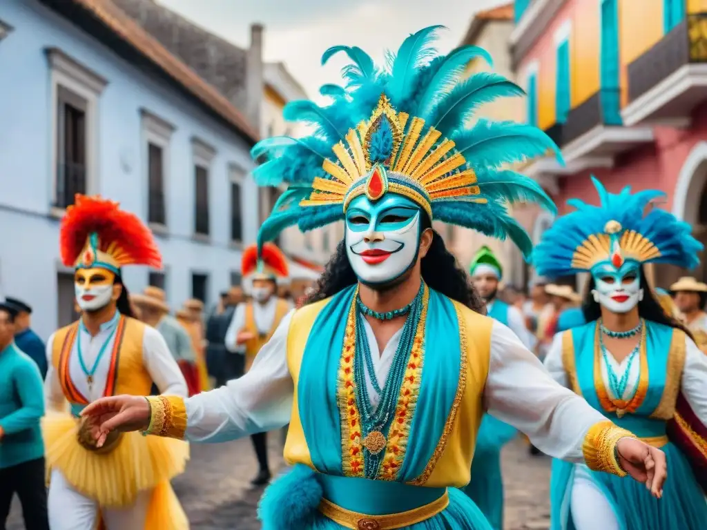 Desfile vibrante de Carnaval en Uruguay con bailarines y músicos, carros alegóricos y máscaras tradicionales frente a edificios coloniales y palmeras