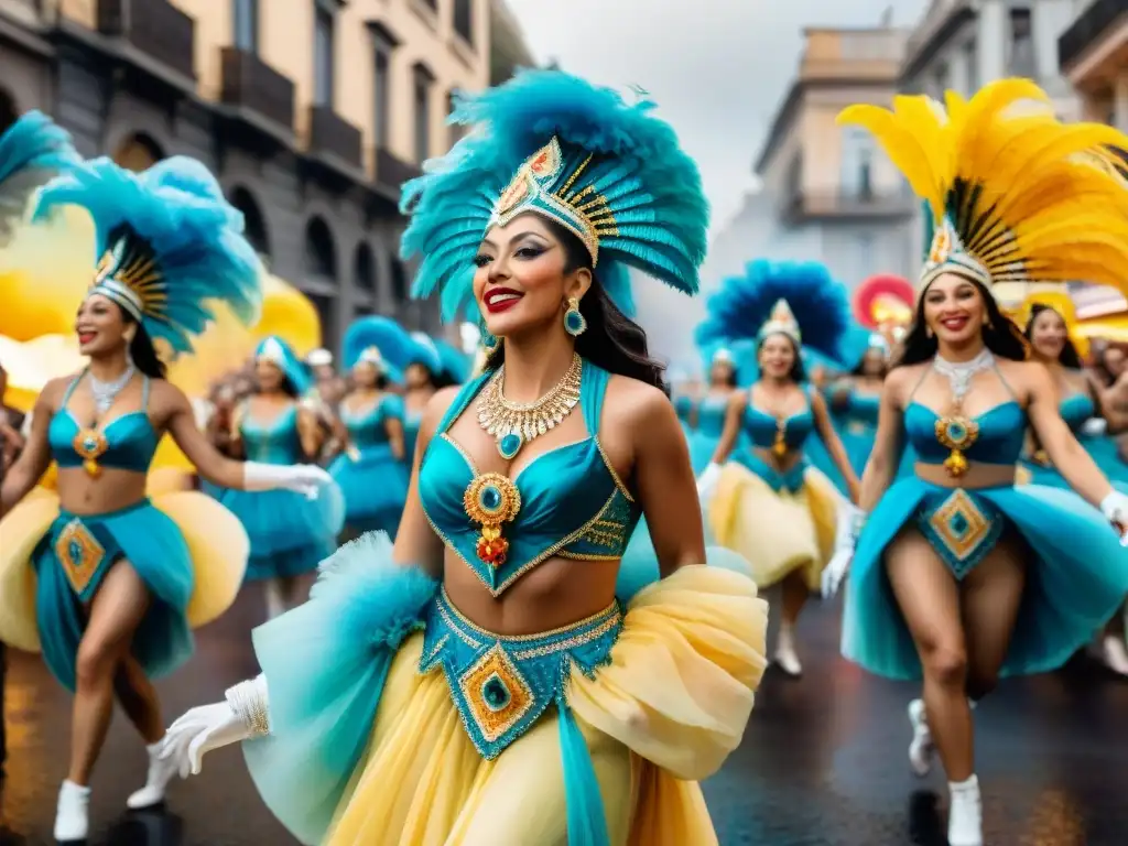 Desfile vibrante de Carnaval en Montevideo, reflejando la Internacionalización del Carnaval Uruguayo