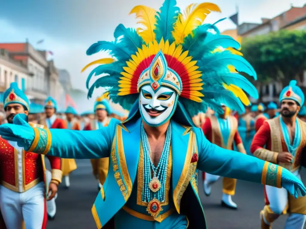 Desfile vibrante de Carnaval en Uruguay con carros alegóricos y bailarines, mostrando la energía de los Secretos organización Carnaval Uruguayo