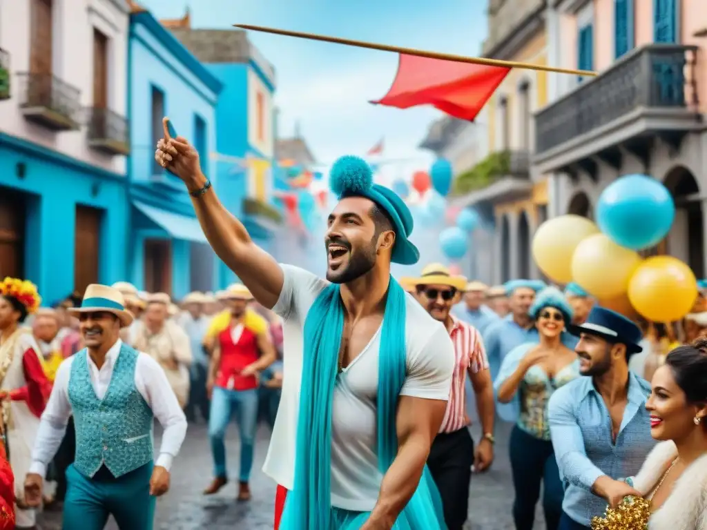 Desfile vibrante de Carnaval en Uruguay, con carros detallados, trajes coloridos y bailarines