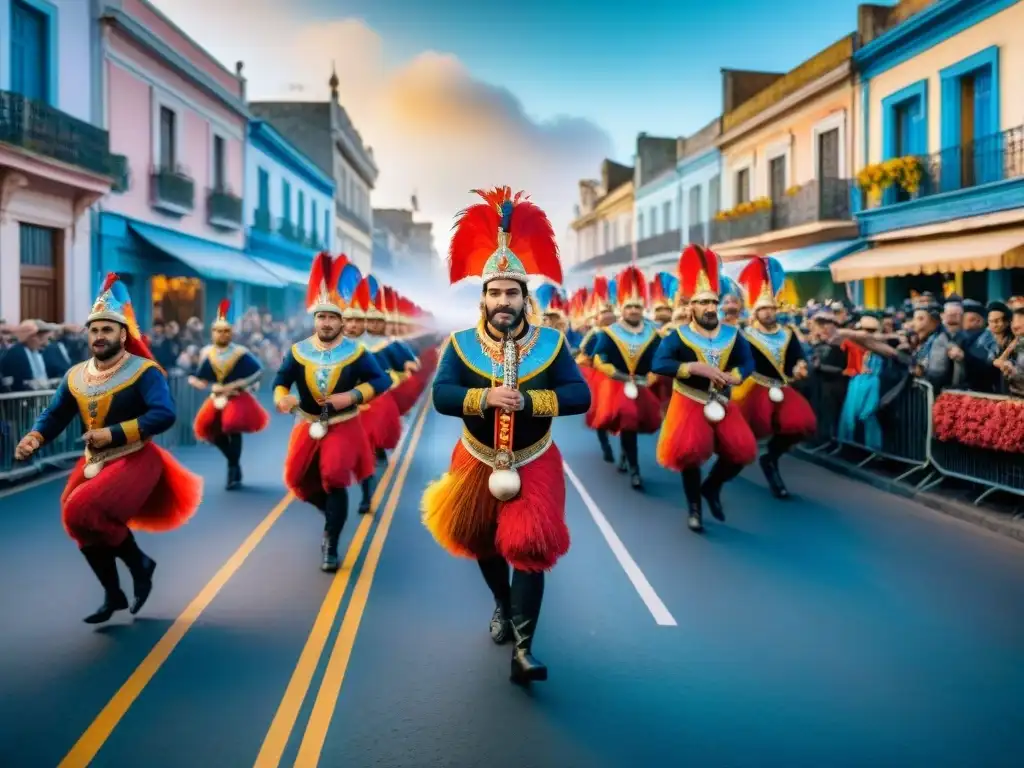 Desfile vibrante del Carnaval en Uruguay con carros alegóricos y coloridos trajes