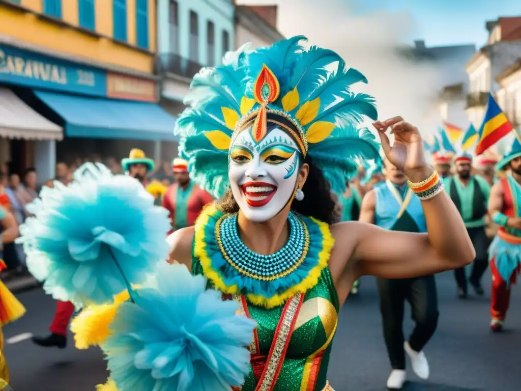 Desfile vibrante de Carnaval en Uruguay, con carrozas coloridas, músicos y bailarines en trajes tradicionales