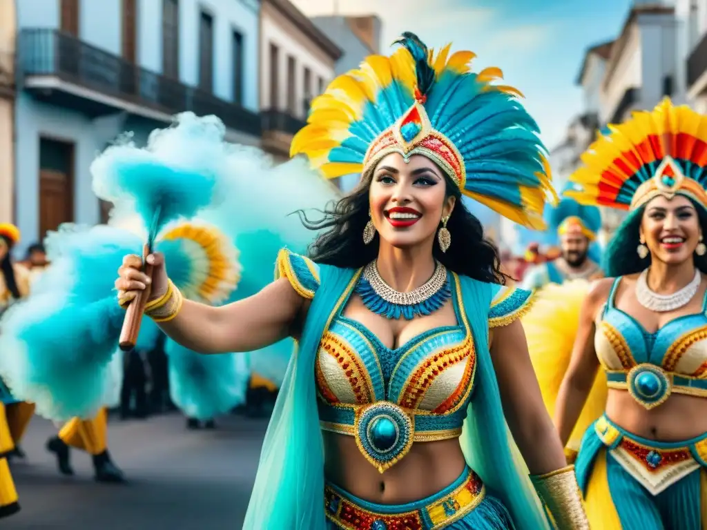 Desfile vibrante de Carnaval en Uruguay con carrozas detalladas, trajes coloridos y bailarines alegres al ritmo de la música tradicional