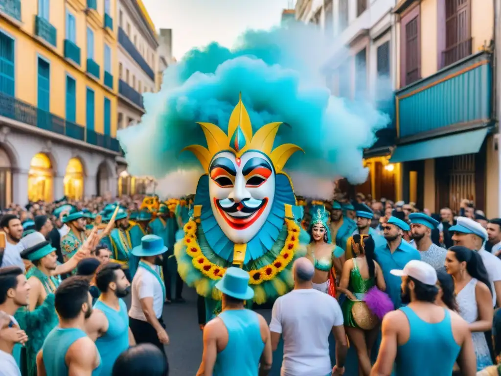 Desfile vibrante del Carnaval en Montevideo con carrozas coloridas y bailarines en trajes elaborados, espectadores animados