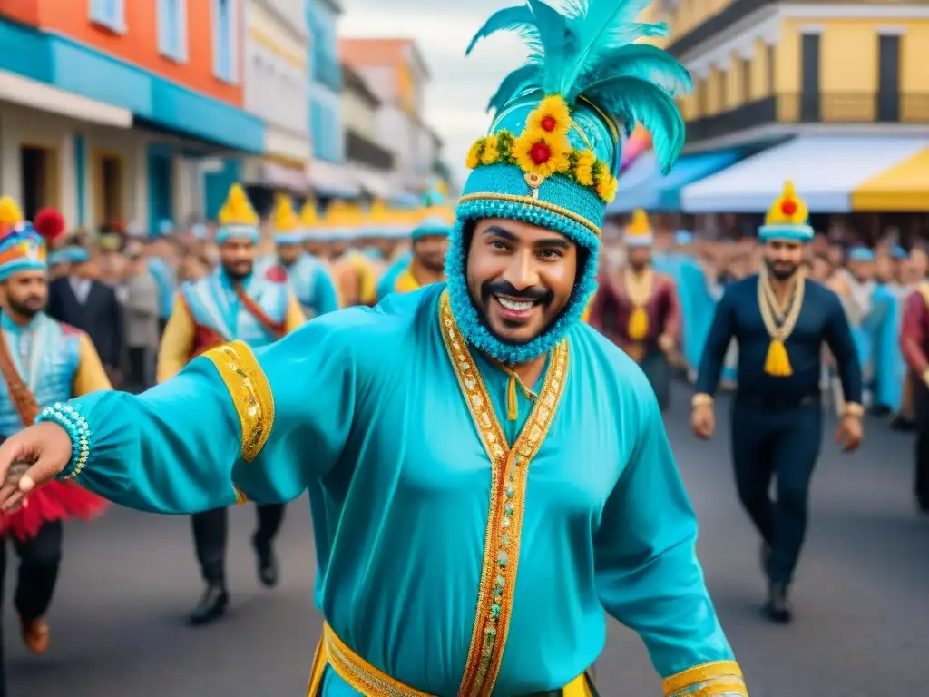 Desfile vibrante de Carnaval en Uruguay, con carrozas detalladas, bailarines y espectadores animados