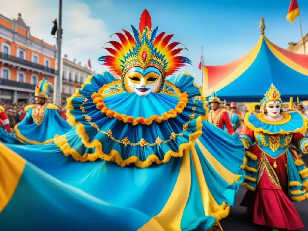 Un desfile vibrante de Carnaval en Uruguay, con carrozas, danzarines y espectadores bajo un cielo azul