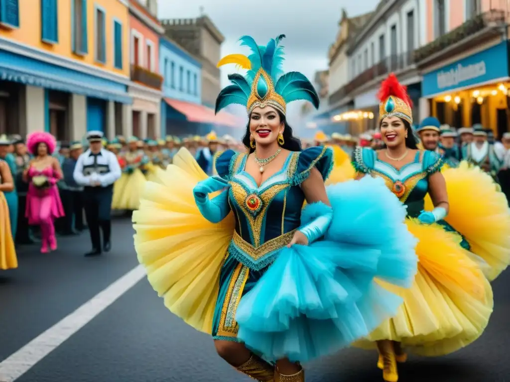 Desfile vibrante de Carnaval en Uruguay, con carrozas coloridas, bailarines y espectadores