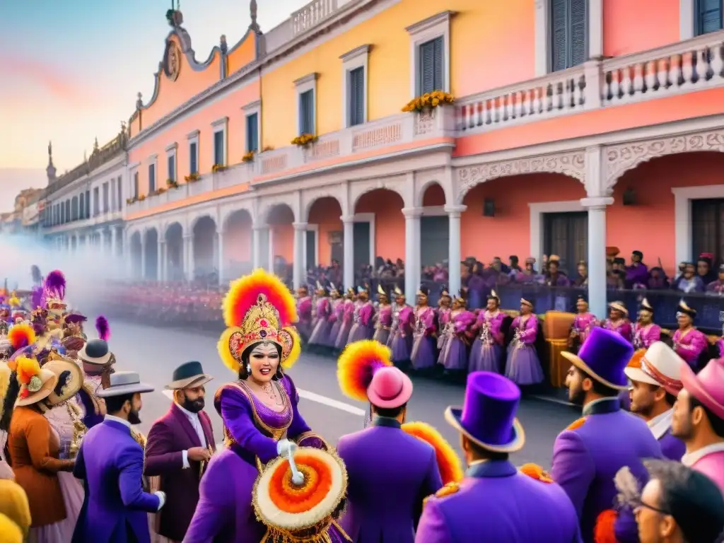 Desfile vibrante de Carnaval en Uruguay con carrozas, bailarines, músicos y espectadores animados bajo un cielo festivo