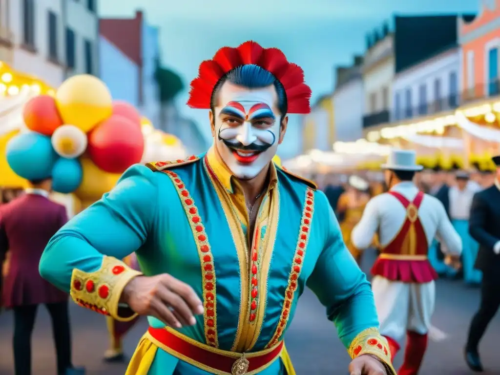 Desfile vibrante de carnaval en Uruguay, con carrozas, trajes coloridos y bailarines alegres