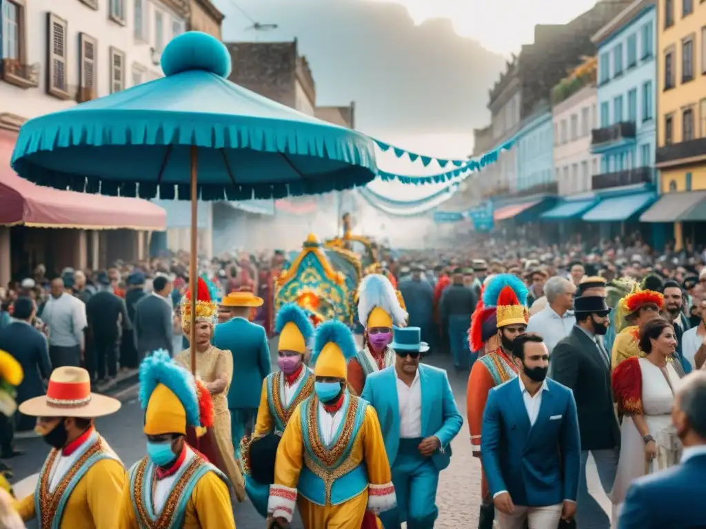 Desfile vibrante en Carnaval de Uruguay con carrozas, multitudes festivas y transporte público