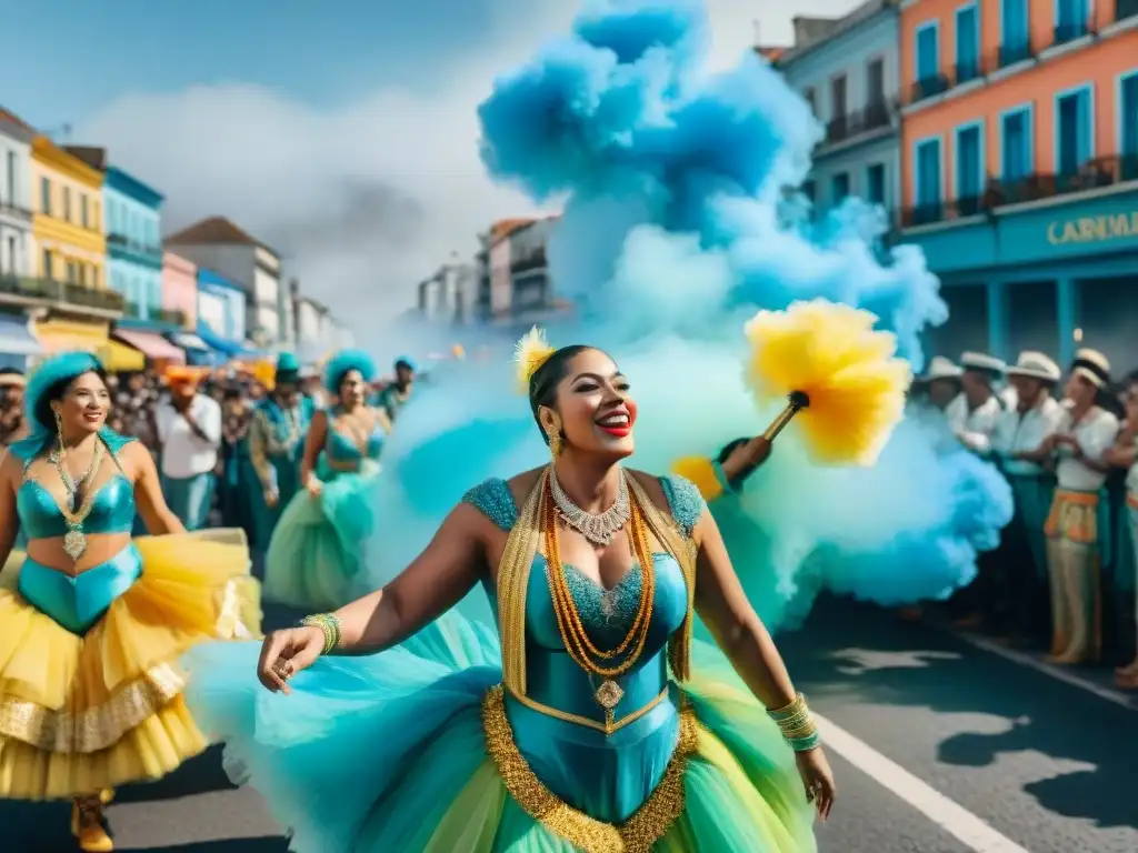 Desfile vibrante de Carnaval en Uruguay, con carrozas y bailarines coloridos