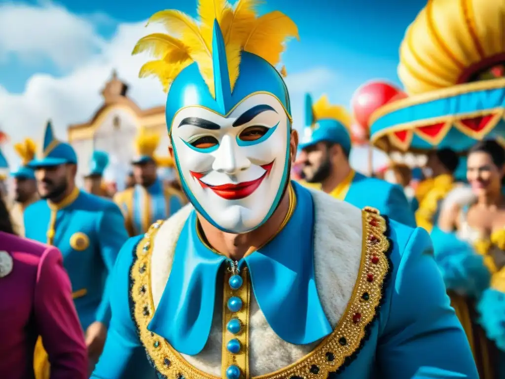 Desfile vibrante de carnaval en Uruguay, con carrozas y bailarines coloridos, bajo un cielo azul