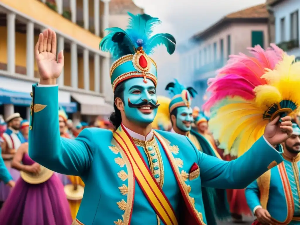 Desfile vibrante de Carnaval en Uruguay con carrozas, bailarines y espectadores entusiastas