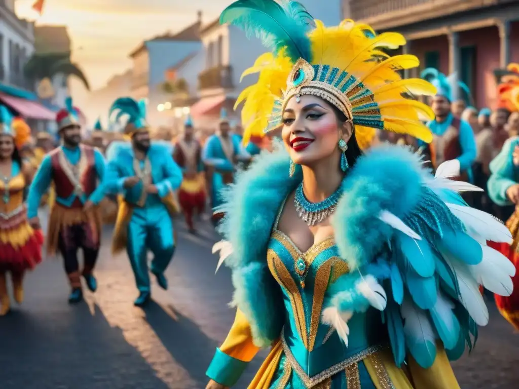 Desfile vibrante de carnaval en Uruguay con carrozas adornadas, bailarines y espectadores