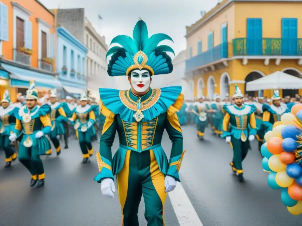 Desfile vibrante de Carnaval en Uruguay con carrozas coloridas y danzantes en trajes elaborados, espectadores aclamando