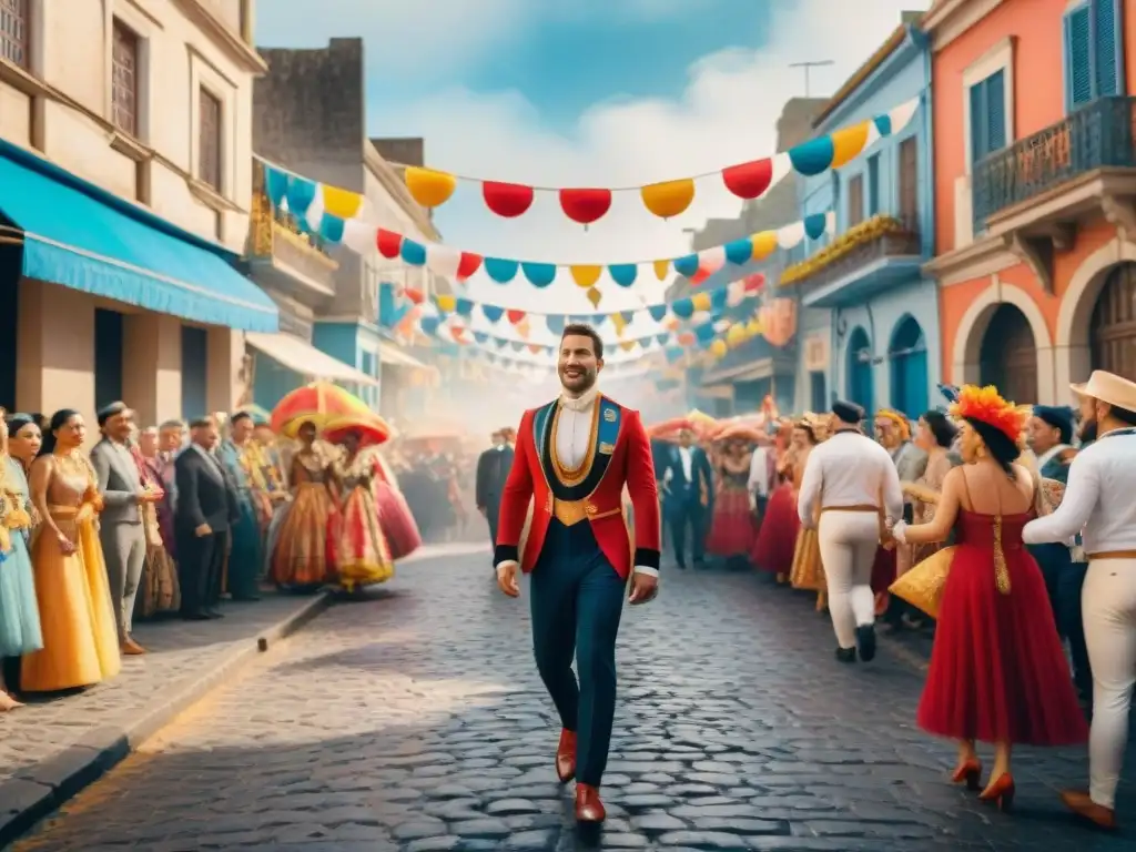 Desfile vibrante de Carnaval en Uruguay, con carrozas detalladas y bailarines exuberantes