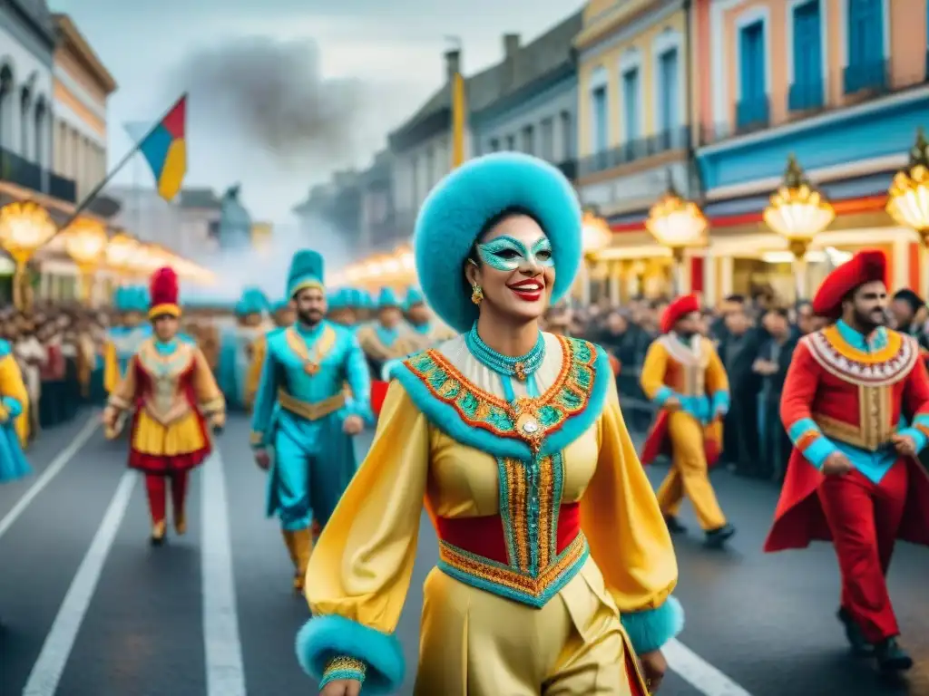 Deslumbrante Carnaval en Uruguay: pintura detallada Desfile vibrante de Carnaval en Uruguay con cocina festiva