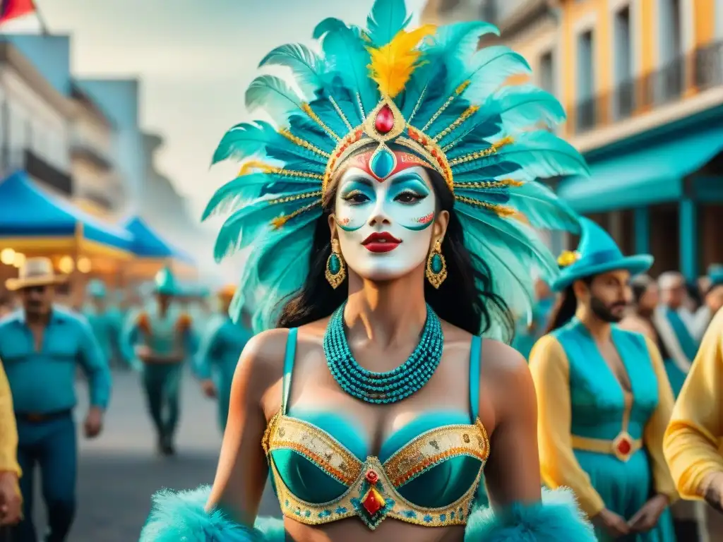 Desfile vibrante de Carnaval en Uruguay, con colores festivos y bailarines exuberantes, seguros de viaje Carnaval Uruguay