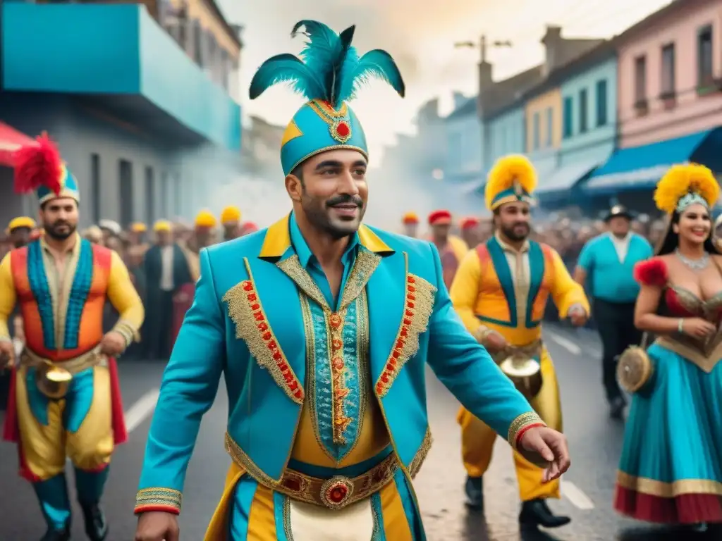 Desfile vibrante de Carnaval en Uruguay con coloridos trajes y música tradicional