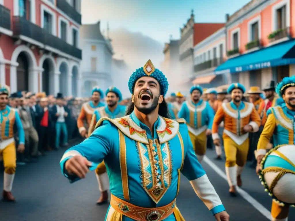 Desfile vibrante de Carnaval en Uruguay con coloridos trajes y carrozas, reflejando la alegría del Carnaval Uruguayo destinos enamorados