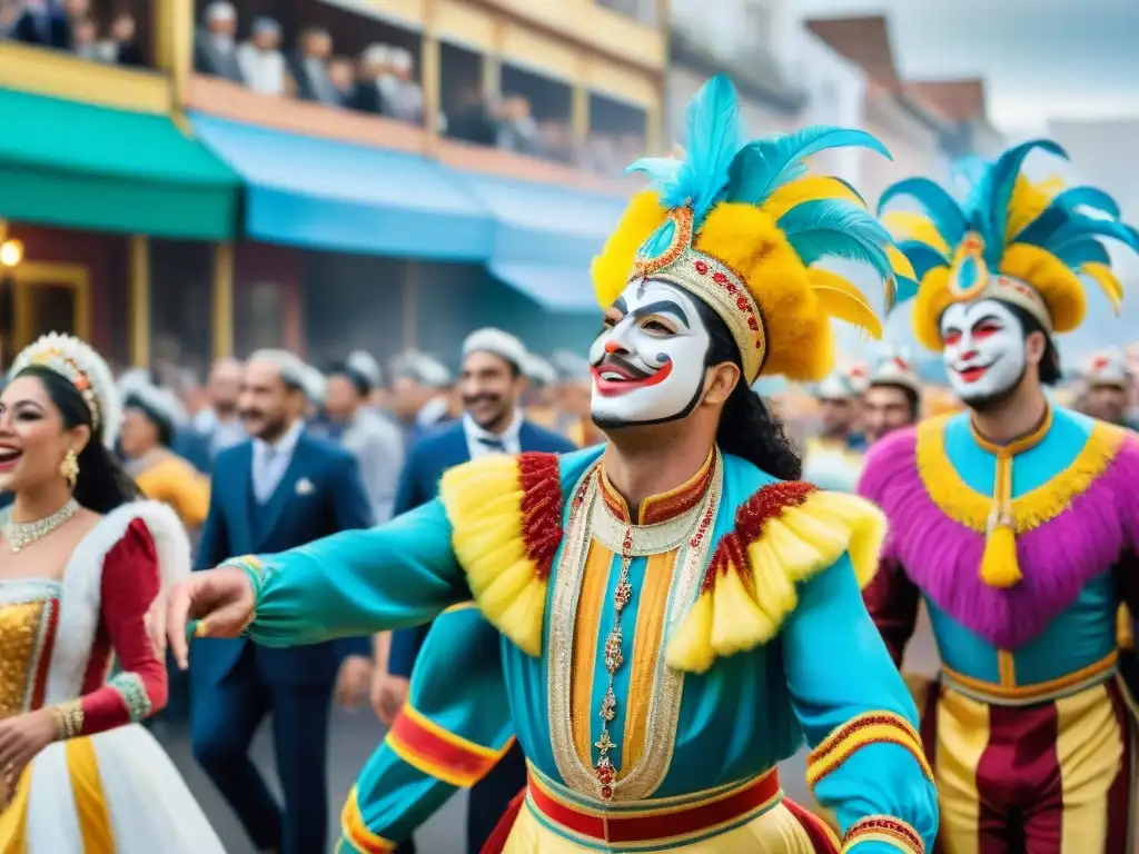 Desfile vibrante de Carnaval en Uruguay: coloridos carros alegóricos, bailarines y multitudes