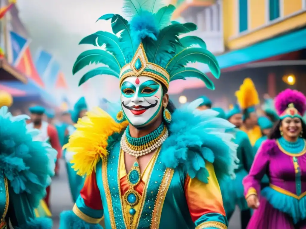 Un desfile vibrante de Carnaval con coloridos carros alegóricos, bailarines y espectadores felices