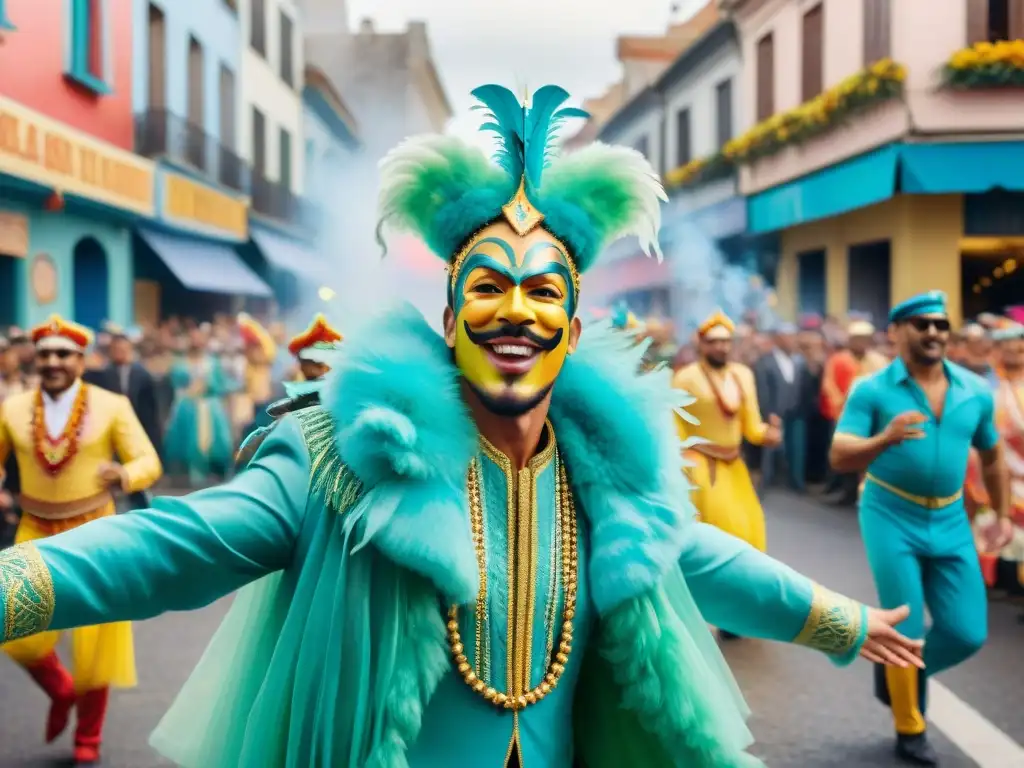 Un desfile vibrante de Carnaval en Uruguay con coloridos floats, bailarines y espectadores animados