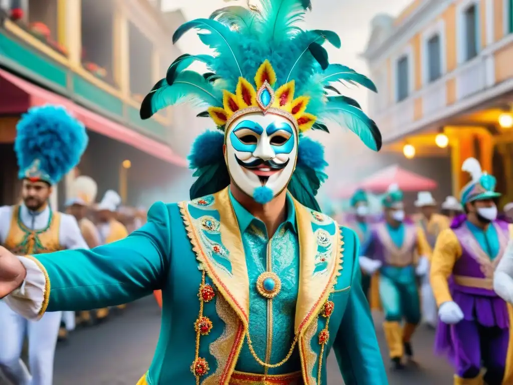 Desfile vibrante de carnaval en Uruguay, con coloridos carros alegóricos y espectadores emocionados