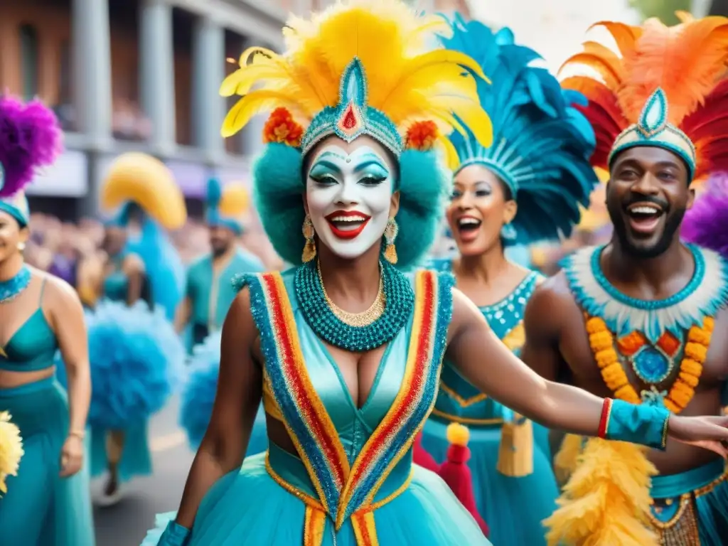 Un desfile vibrante de Carnaval en Uruguay con coloridos trajes y celebración en el aire