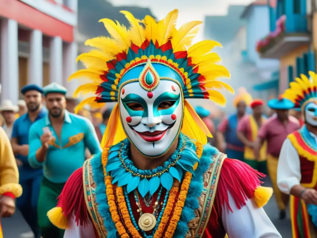 Desfile vibrante del Carnaval en Uruguay, con coloridos trajes y danzas alegres