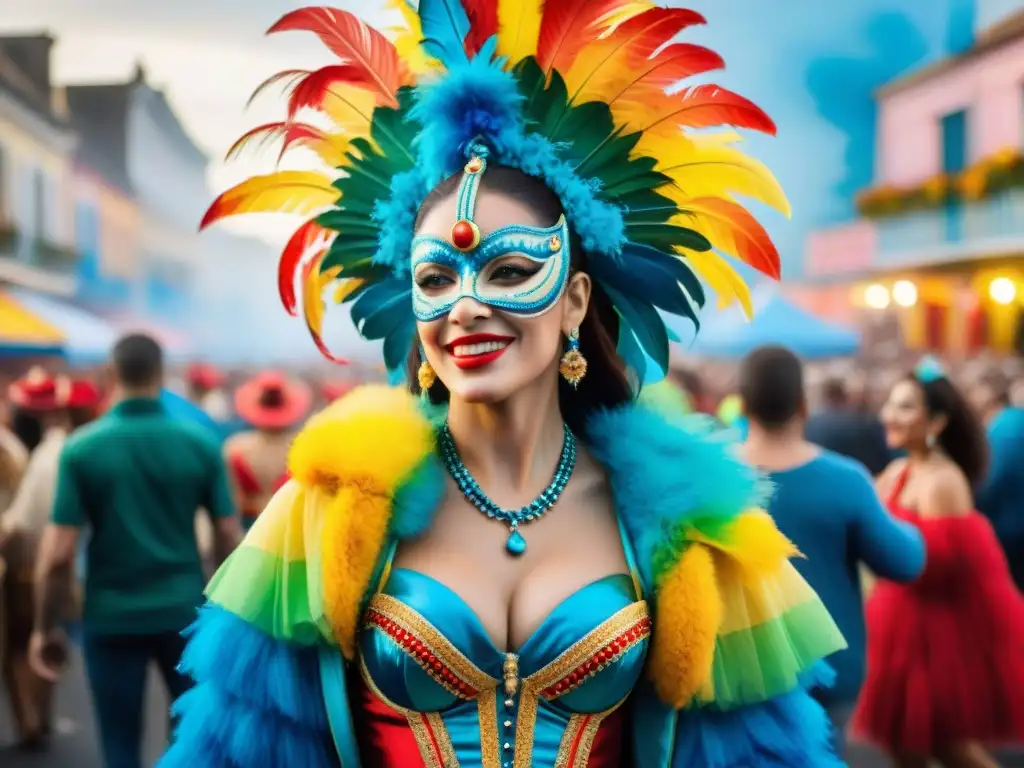 Un desfile vibrante de Carnaval en Uruguay, con coloridos carros alegóricos y danzantes en trajes elaborados