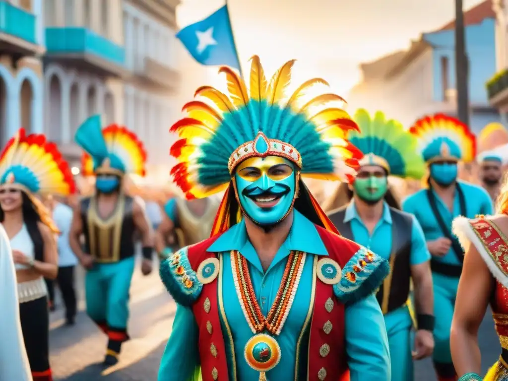 Desfile vibrante de Carnaval en Uruguay con coloridos trajes tradicionales y música alegre, ciberseguridad durante Carnaval Uruguayo