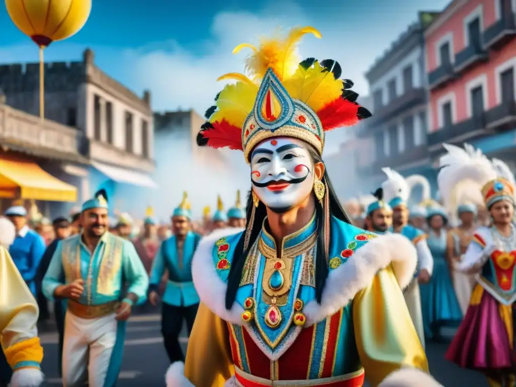 Desfile vibrante de Carnaval en Uruguay con coloridos carros alegóricos y multitud celebrando