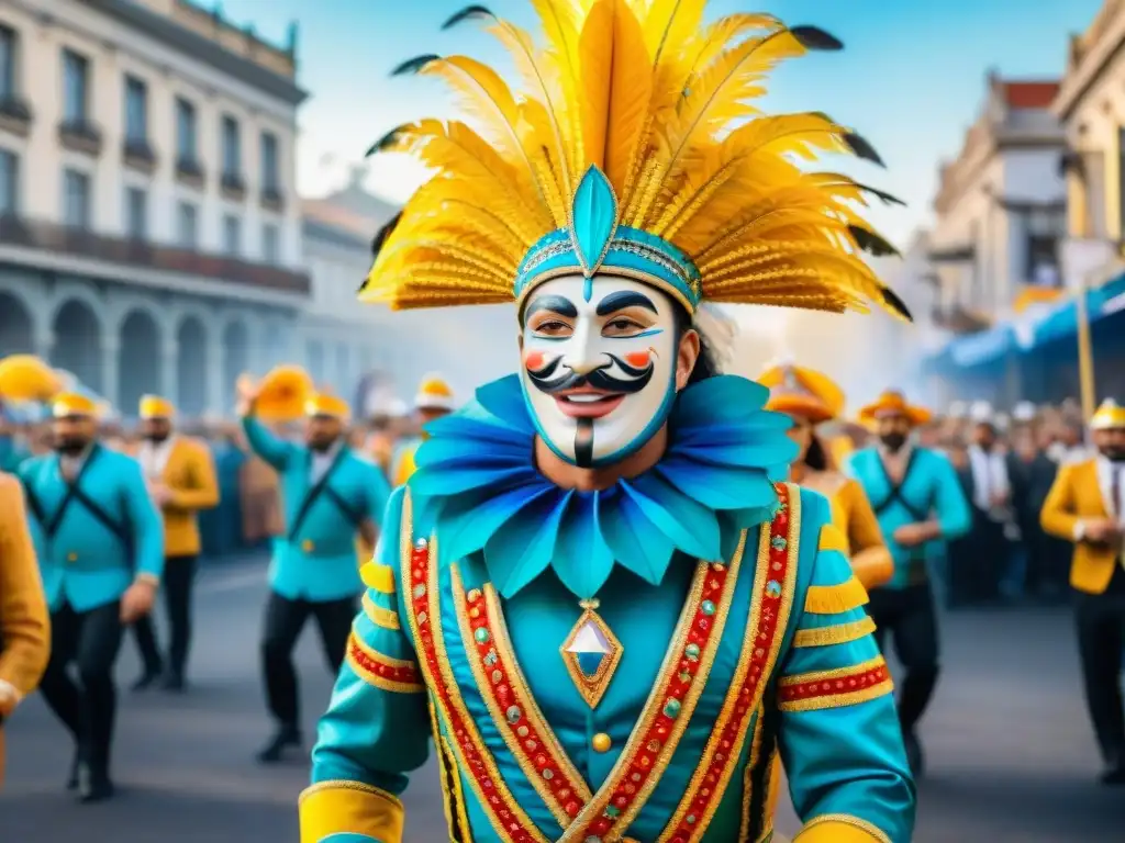 Desfile vibrante de Carnaval en Uruguay con coloridos carros alegóricos, trajes elaborados y música tradicional