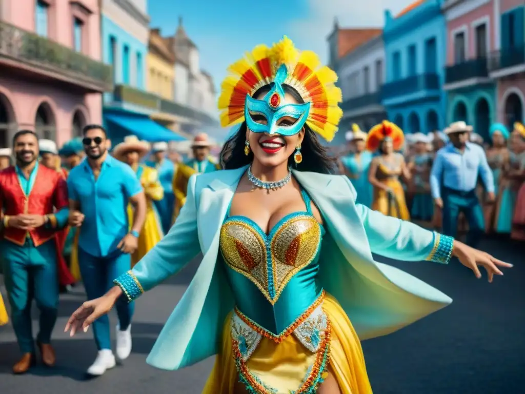 Desfile vibrante de Carnaval en Uruguay con coloridos trajes y música tradicional