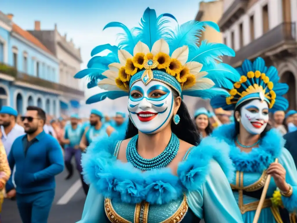 Desfile vibrante de Carnaval en Uruguay, floats coloridos y músicos alegres bajo cielo azul