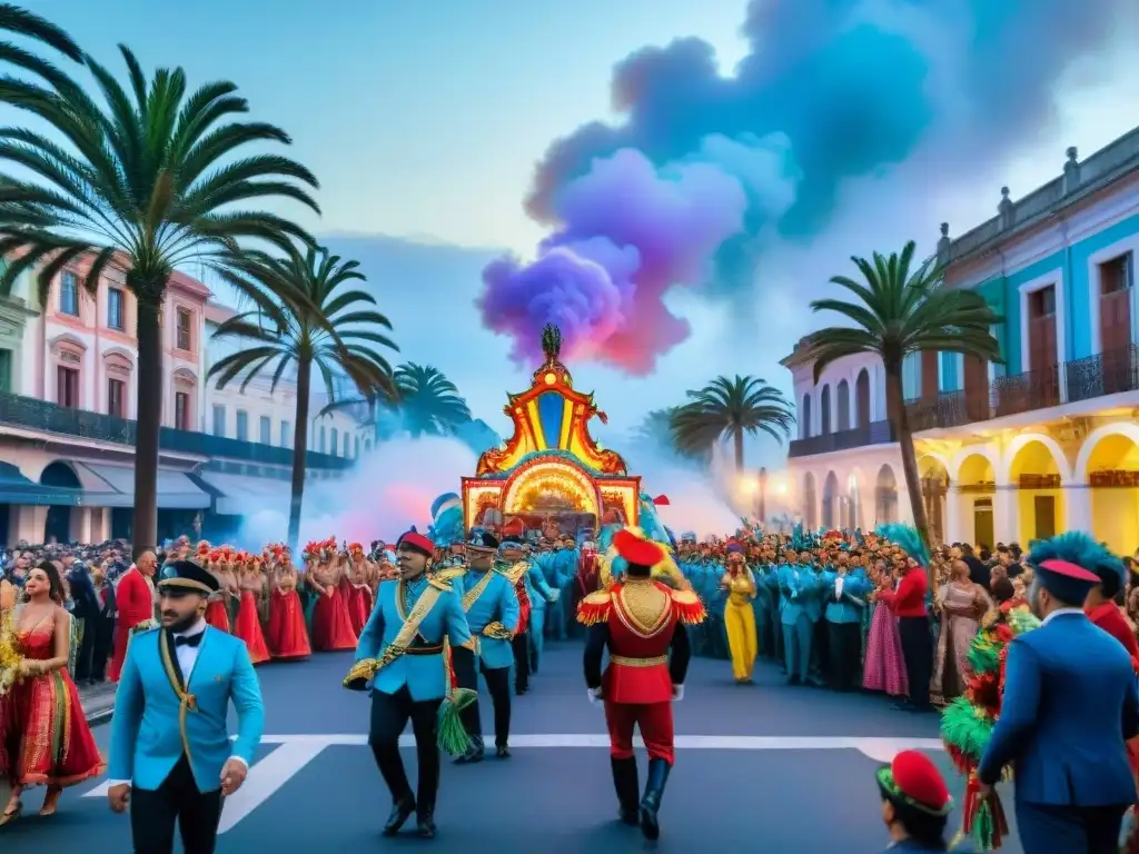 Desfile vibrante de carnaval en Uruguay con coloridos trajes, música y fuegos artificiales