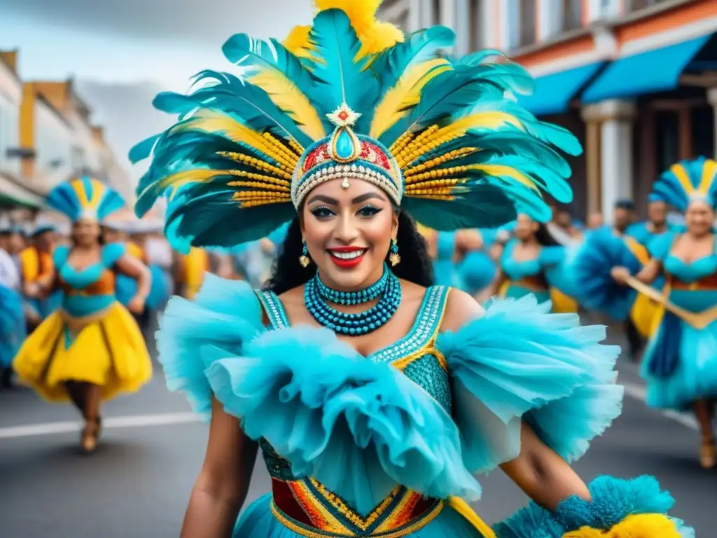 Desfile vibrante de Carnaval en Uruguay, uniendo culturas a través del Carnaval con danzarines y espectadores festivos