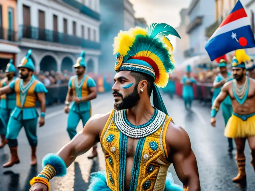 Desfile vibrante de Carnaval en Uruguay, con danzantes, músicos y carros coloridos