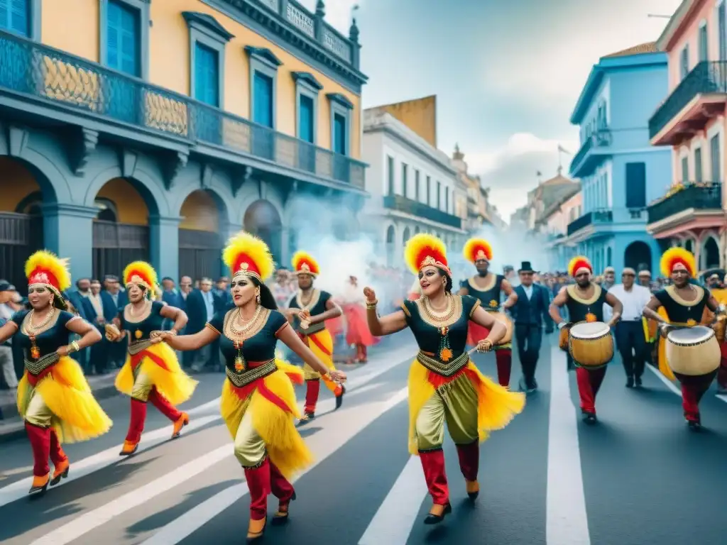 Desfile vibrante de Carnaval en Uruguay con danzas tradicionales al ritmo de tambores de Candombe, frente a edificios coloniales