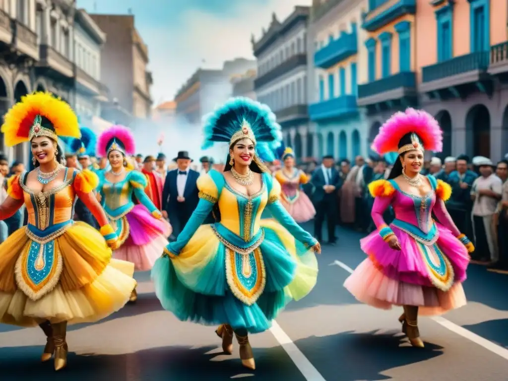 Carnaval en Uruguay: pintura acuarela de calle bulliciosa Desfile vibrante en el Carnaval de Uruguay, con danzas, carrozas y espectadores